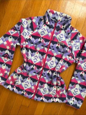 Columbia Girls Size 18 / 20 XL Geometric Printed Full Zip Fleece Jacket Pink
